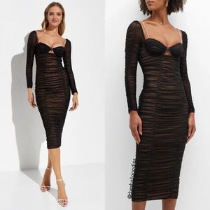 SELF-PORTRAIT Power Mesh Long Sleeve Midi Dress Black Crystal Embellished Cutout